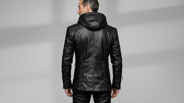 Men’s black hooded lace-up leather jacket front view