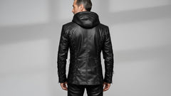 Men’s Black Hooded Lace-Up Leather Jacket – Modern Gothic Statement Outerwear