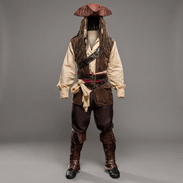 Men’s pirate leather costume set front view with tricorn hat, vest, shirt, pants and boots for LARP cosplay - Rizwards Leather