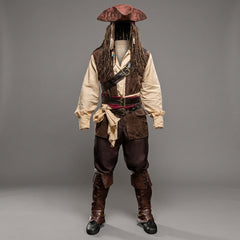 Rugged men’s pirate outfit front view with Renaissance costume styling, leather vest, sash, pants and pirate hat - Rizwards Leather