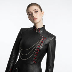 Close up of womens gothic black leather long coat with silver chain hardware, red lace up front, studded details, and high stand collar - Rizwards Leather