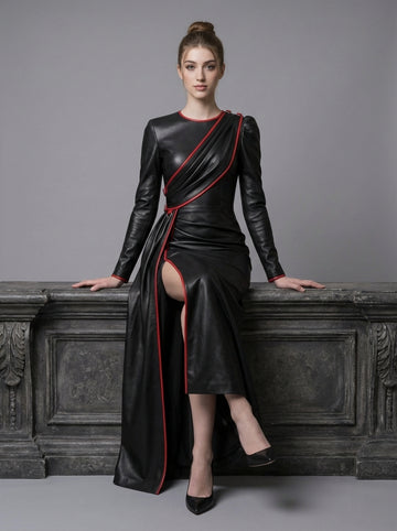Black leather dress with red trim, long sleeves, asymmetrical draped front, fitted waist, and floor length gothic evening gown style - Rizwards Leather