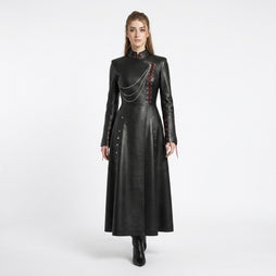 Women’s black leather asymmetrical long coat with gothic stand collar, chain detail, red lace up accents, and full length maxi silhouette - Rizwards Leather
