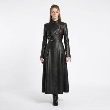 Women’s black leather asymmetrical long coat with gothic stand collar, chain detail, red lace up accents, and full length maxi silhouette - Rizwards Leather