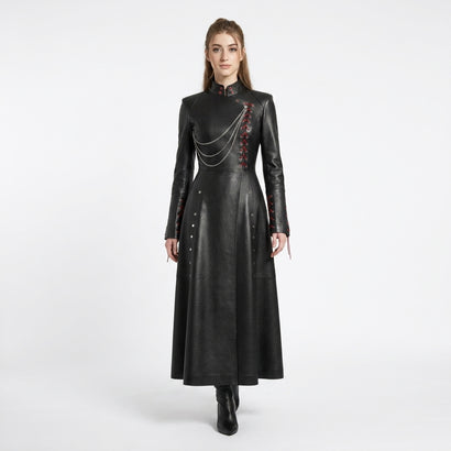 Women’s black leather asymmetrical long coat with gothic stand collar, chain detail, red lace up accents, and full length maxi silhouette - Rizwards Leather