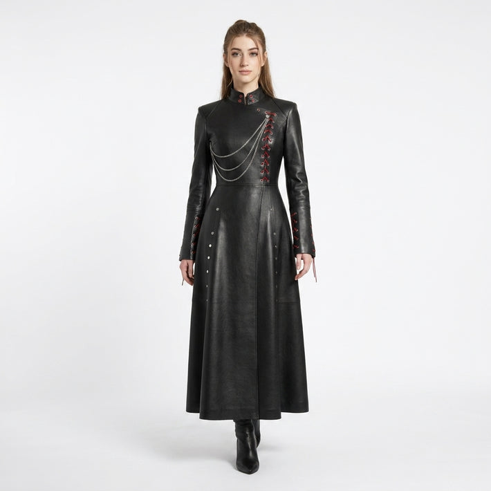 Women’s black leather asymmetrical long coat with gothic stand collar, chain detail, red lace up accents, and full length maxi silhouette - Rizwards Leather