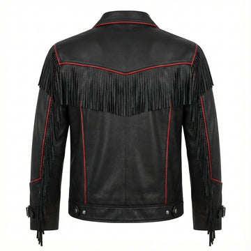 Men's Black Leather Fringe Jacket, Western Biker Style