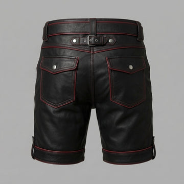Black Genuine Leather Shorts | Custom Streetwear Festival Style, Red Trim Goth Clothes
