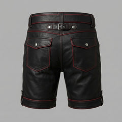 Black Genuine Leather Shorts | Custom Streetwear Festival Style, Red Trim Goth Clothes