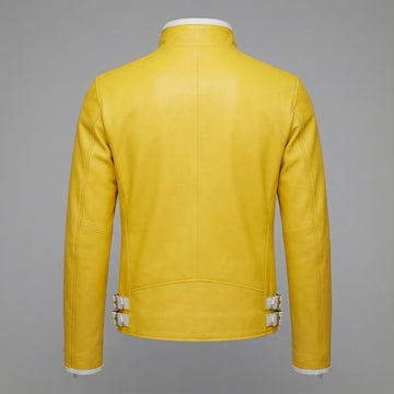 Men’s Leather Jacket | Genuine Biker Motorcycle | Yellow Asymmetrical Zip | Custom Fit