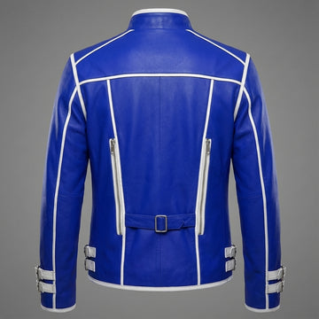 Leather Jacket | Men’s Genuine Blue Military Racer | White Piped Asymmetrical Zip | Handmade Custom Fit