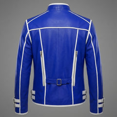 Leather Jacket | Men’s Genuine Blue Military Racer | White Piped Asymmetrical Zip | Handmade Custom Fit
