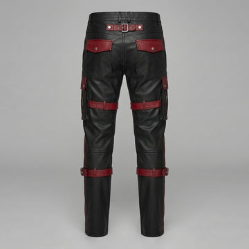 Men's Black Leather Cargo Pants | Genuine Leather with Red Accents