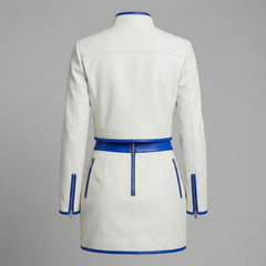 Leather Jacket, Women's White Genuine Leather Racer Style, Blue Trim Mini Skirt Set, Handmade Custom Fit