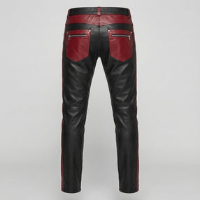 Men's Black Leather Pants | Genuine Leather with Red Panels