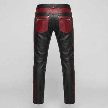 Men's Black Leather Pants | Genuine Leather with Red Panels