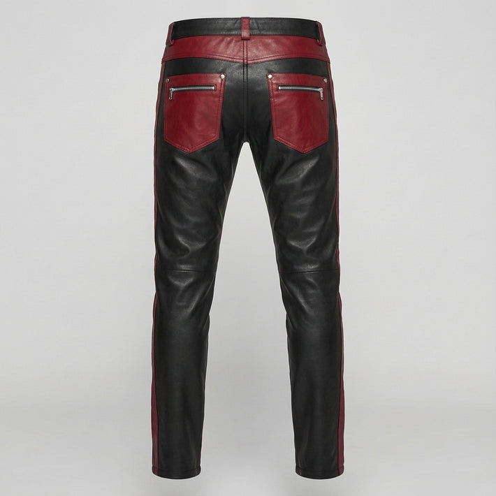 Men's Black Leather Pants | Genuine Leather with Red Panels