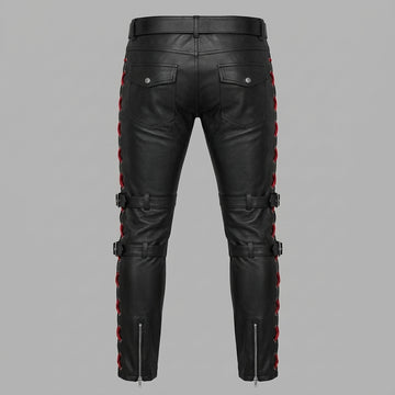 Women's Black Genuine Leather Pants, Red Lace Up Biker Pants with Buckle Straps, Cyberpunk Leather Trousers