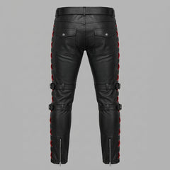 Women's Black Genuine Leather Pants, Red Lace Up Biker Pants with Buckle Straps, Cyberpunk Leather Trousers