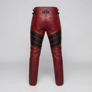 Men's Red Genuine Leather Pants with Black Studded Panels