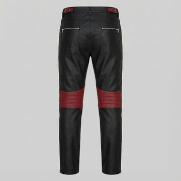 Men's Black & Red Genuine Leather Cyberpunk Pants | Biker Trousers