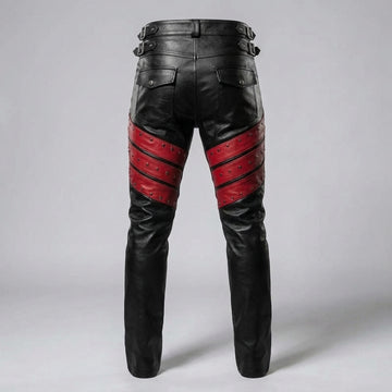 Men's Black Leather Pants | Genuine Leather with Red Studded Panels