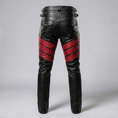 Men's Black Leather Pants | Genuine Leather with Red Studded Panels