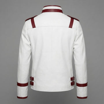 Genuine Leather Men's White Red Cyberpunk Racing Jacket