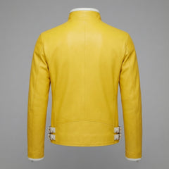 Men’s Leather Jacket | Genuine Biker Motorcycle | Yellow Asymmetrical Zip | Custom Fit