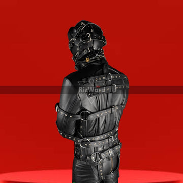 BDSM Leather Strait Jacket With Bondage Pents & Mask for Men - Rizwards Leather