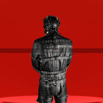 BDSM Leather Strait Jacket With Bondage Pents & Mask for Men - Rizwards Leather