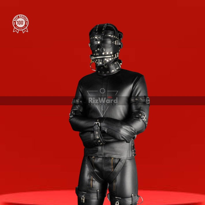 BDSM Leather Strait Jacket With Bondage Pents & Mask for Men - Rizwards Leather