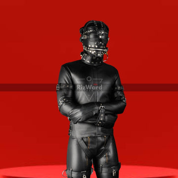 BDSM Leather Strait Jacket With Bondage Pents & Mask for Men - Rizwards Leather