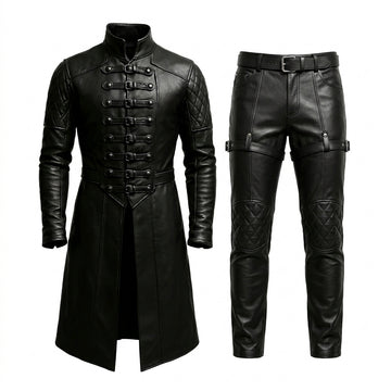 Men’s black leather long coat with matching leather pants, high collar, buckle front closures, quilted sleeve details, and fitted gothic fashion style. - Rizwards leather