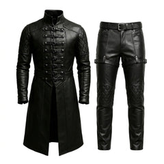 Men’s black leather long coat and pants set with buckle front closure, high collar, quilted shoulders, thigh straps, and premium gothic fashion style. - Rizwards Leather