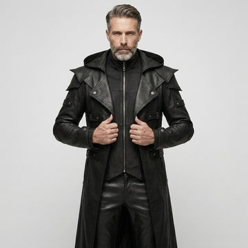 Full front view of men’s black hooded leather trench coat with gothic LARP cosplay style, long duster shape, and dark fashion look. - Rizwards Leather