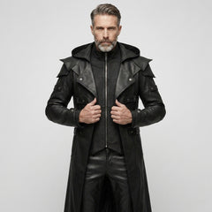 Close front view of black hooded leather trench coat for men with biker lapels, layered shoulders, silver zipper, and gothic fashion details. - Rizwards Leather