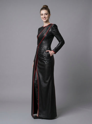 Black leather dress with red trim, long sleeves, asymmetrical draped front, fitted waist, and floor length gothic evening gown style - Rizwards Leather
