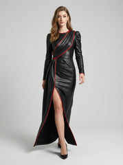 Black leather evening dress with red trim, front slit, long sleeves, draped bodice, and luxury statement dress look - Rizwards Leather