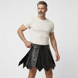 Male model wearing handmade black leather kilt, gothic Viking gladiator style mens leather kilt for LARP cosplay festival - Rizwards Leather