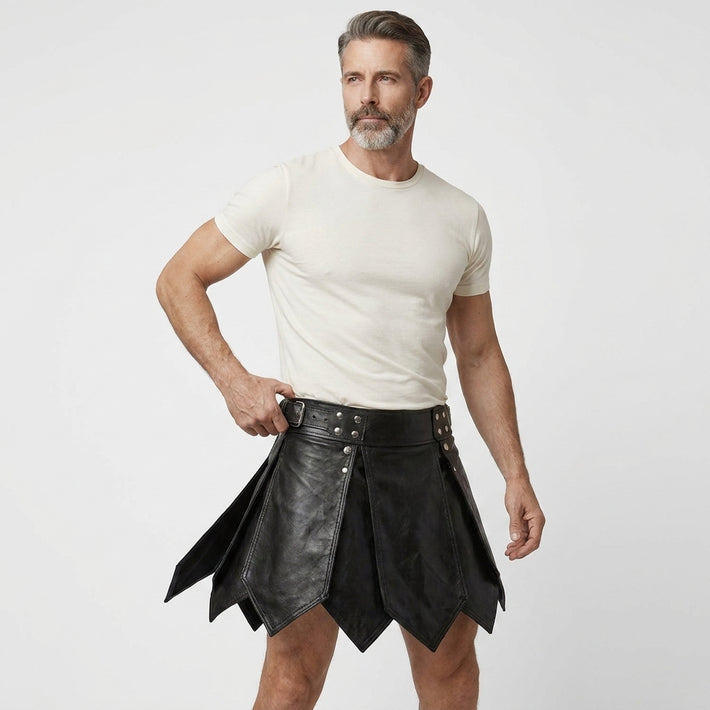 Male model wearing handmade black leather kilt, gothic Viking gladiator style mens leather kilt for LARP cosplay festival - Rizwards Leather