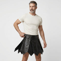Male model wearing handmade black leather kilt, gothic Viking gladiator style mens leather kilt for LARP cosplay festival - Rizwards Leather