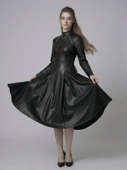 Black leather mini dress with flared A-line skater skirt, long sleeves, gothic chain collar, studded details and lace up corset front - Rizwards Leather