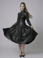 Black leather mini dress with flared A-line skater skirt, long sleeves, gothic chain collar, studded details and lace up corset front - Rizwards Leather