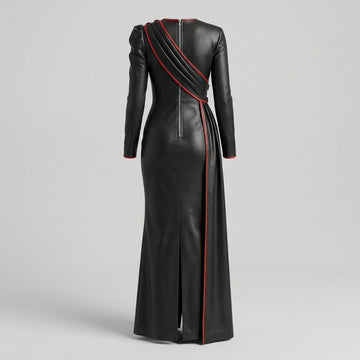 Black leather dress with red trim, long sleeves, asymmetrical draped front, fitted waist, and floor length gothic evening gown style - Rizwards Leather