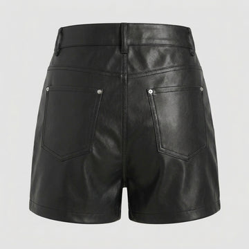 Women’s black leather high waisted moto shorts with silver zipper pockets, front button closure, belt loops, and mini hot pants style - Rizwards Leather
