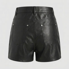 Back view of women’s black leather shorts with high waist belt loops patch pockets and shaped yoke seam - Rizwards Leather