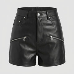 Women’s black leather high waisted shorts front view with silver zip pockets button closure and belt loops - Rizwards Leather