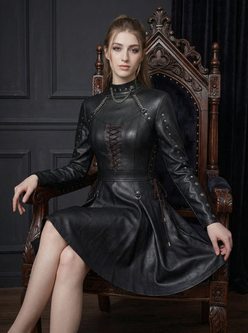 Black leather mini dress with flared A-line skater skirt, long sleeves, gothic chain collar, studded details and lace up corset front - Rizwards Leather