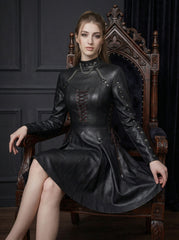 Gothic black leather mini dress for women with long sleeves, high neck collar, silver chain detail, studded accents and punk corset styling - Rizwards Leather